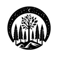 A stylized black and white circular depicting a moonlit forest scene with evergreen trees, a central leafy tree, and a crescent moon amidst stars. vector