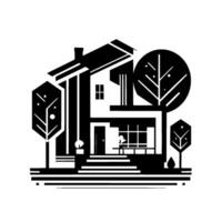 Geometric Minimalist Illustration of a Modern House with Trees, in Black and White, Featuring Clean Lines and a Flat Aesthetic. vector