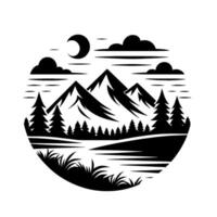 Black and white circular silhouette of a mountain landscape with lake, pine trees, clouds, and crescent moon. vector
