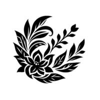 A symmetrical, minimalist black and white floral featuring a central flower and surrounding leaves and stems, creating a circular composition. vector