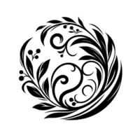 Black and white circular floral with leaves, berries, and elegant swirling patterns, isolated on a white backdrop. vector