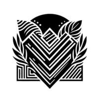 Geometric Emblem A black and white, art decoinspired with stylized leaves, geometric patterns, and a central chevron arrangement. vector