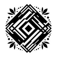 Symmetrical geometric mandala with black, white, and gray layered shapes featuring dots and leaf elements, on a white background. vector