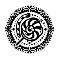 Stylized Black and White Lollipop Within Circular Ornate Frame, Isolated on White Background. vector