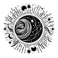 Intricate Black and White Celestial Illustration of a Swirling Universe with Moons, Stars, and Sunburst Design. vector