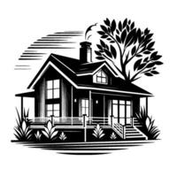 Black and white illustration of a cozy twostory house with a porch, tree, and smokestack set against a stylized sunrise. vector