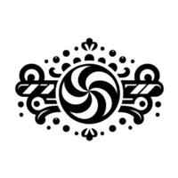 Black and White Circular Ornament with Swirl Design, Dots, and Floral Accents on a White Background. vector