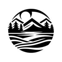 Silhouette landscape in a circle with a mountain, sun, lake and pine trees. Minimalist with contrasting black and white. vector