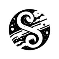 A stylized, monochromatic illustration of the letter S formed by swirling shapes within a cosmic, spherical design. vector