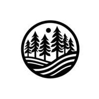 Stylized monochrome forest scene within a circle, featuring pine trees atop rolling hills, with a simple sun. vector