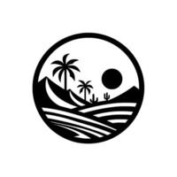 Minimalist Black and White Desert Landscape Silhouette Within a Circle Palm Trees, Cacti, and the Sun. vector