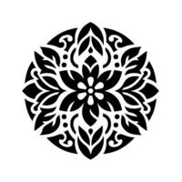 Intricate, Symmetrical Floral Mandala with Bold Black and White Silhouettes, Emphasizing Leaf and Petal Patterns in a Circular Composition. vector