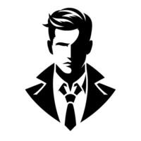 A stylized, monochromatic portrait of a man in a suit and tie, with a dynamic contrast of light and shadow, conveying a sense of mystery. vector