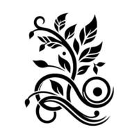 Detailed blackandwhite decorative floral with stylized leaves, swirls, curves, and a circle element, set against a clean white background. vector