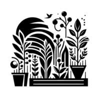 Monochromatic Garden Illustration stylized plants, sunlike shape, and bird silhouettes, creating a serene and minimalist botanical scene. vector