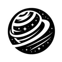 Stylized Black and White Planetary Icon Ringed Sphere with Stars in a Circular Frame, Minimalist Design. vector
