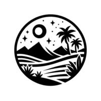 Black and white circular illustration of a serene desert landscape with mountains, palm trees, and celestial elements. vector