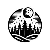 Minimalist black and white nature emblem depicts forest silhouette under a starry night sky and a textured full moon, all framed within a circle. vector