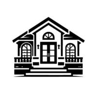 illustration of a classic house, black and white design, front view, symmetrical composition, featuring double doors, arched windows, and a welcoming porch. vector