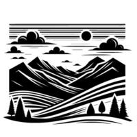 Stylized Black and White Landscape Depicting Mountains, Clouds, Sun, and Forest with Horizontal Lines, Abstract Illustration. vector