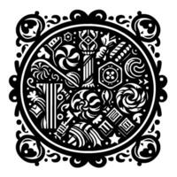 Intricate Black White Circular Design A Kaleidoscope of Sweets and Decorative Elements, Evoking Whimsy and Elegance. vector