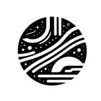Black and White Geometric Celestial Sphere A Stylized Cosmos Depicting Stars, Lines, and Planetary Forms in a Circular Composition. vector