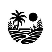 Silhouette of tropical landscape with palm tree, sun, vegetation, and rolling hills, framed by a circular design. vector