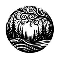 Black and white circular forest scene design, featuring stylized trees, decorative foliage, and a central void. vector