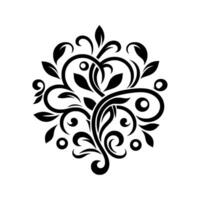 Symmetrical Black and White Floral Pattern with Leaves, Spirals, and Circles, on a Clean White Background. vector