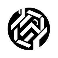 Black and White Abstract Geometric Featuring Angular Shapes and a Crescent Within a Circular Frame. vector