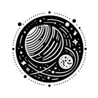 Intricate celestial illustration featuring a planet with striped details, surrounded by stars and a smaller moon, all within a cosmic circular border. vector
