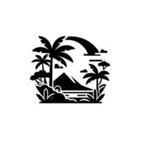 A stylized black and white tropical landscape, featuring palm trees, a mountain, a rainbow, and an elephant, presented in a minimalist, symmetrical composition. vector