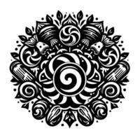 Intricate Black and White Circular Featuring Lollipops, Candies, Floral Elements, and Geometric Patterns Forming a Symmetrical MandalaLike Composition. vector