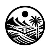 Black and White Circular Cutout Tropical Landscape with Mountains, Palms, Sun, and Fields, in Minimalist Art Style. vector