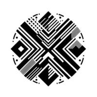 Symmetrical, geometric, abstract with black and white elements, featuring lines, squares, and dots in a radial pattern. vector