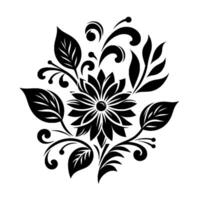 Black and White Floral Design A symmetrical, stylized flower with surrounding leaves and decorative elements on a plain white background. vector