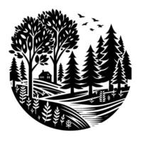Serene Black and White Circular Illustration of a Forest Landscape with a Small House, Trees, and Flying Birds, Evoking Tranquility. vector