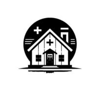 Symbolic Black and White Medical Clinic with Crosses, House Structure, and Reflection. vector