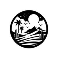 Black and White Desert Landscape in Circular Frame, Palm Trees, Cacti, Mountains, Birds, Moon, Stars, Minimalist Design. vector