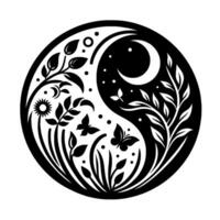 YinYang of Nature Black White Circular with Leaves, Butterflies, Sun, Moon, and Stars, symbolizing Balance and Harmony. vector