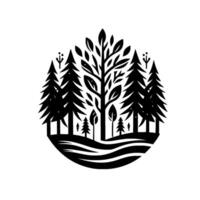 Stylized Black and White Forest Scene, with Oval Composition, Pine Trees, Leafy Trees, and a Wavy Base. vector