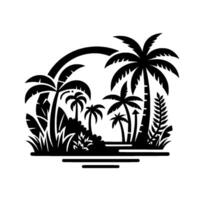 Tropical Island Silhouette A Black and White Illustration of Palm Trees, Foliage, and a Beach Scene, Evoking a Sense of Paradise and Calm. vector