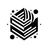 Abstract black and white geometric featuring a cube with striped patterns, curved shapes, and scattered dots on a white background. vector