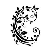 Elegant Monochromatic Floral Ornament, Swirling Vines Adorned with Leaves and Decorative Spirals, Isolated on White Background. vector
