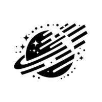 Minimalist Black and White Illustration of a Planet with Rings, Stars, and a Geometric Design, on a White Background. vector