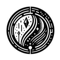 Intricate YinYang with a Starry Cosmos and Geometric Details, Enclosed by a Maze in Black and White. vector