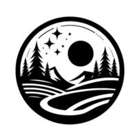 A minimalist black and white circular landscape featuring a moon, stars, mountains, trees, and a winding road, conveying a sense of serenity. vector