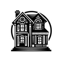 A symmetrical, black and white, illustration of a detailed twostory Victorian house set within a surrounding circular frame. vector