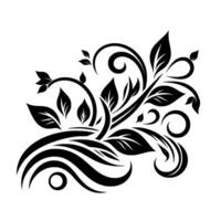 Monochromatic, detailed floral featuring leaves, swirling vines, and circular accents on a pristine white backdrop, displaying a sophisticated, artistic aesthetic. vector