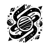 Abstract Minimalist Black and White Space Illustration Planet, Stars, and Streamline Comet Trail on White Backdrop vector